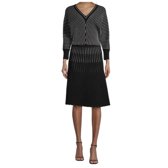 Hugo Boss Black Striped V Neck Sweater Knit  Knee Length Dress SZ XL NWT - Picture 2 of 11